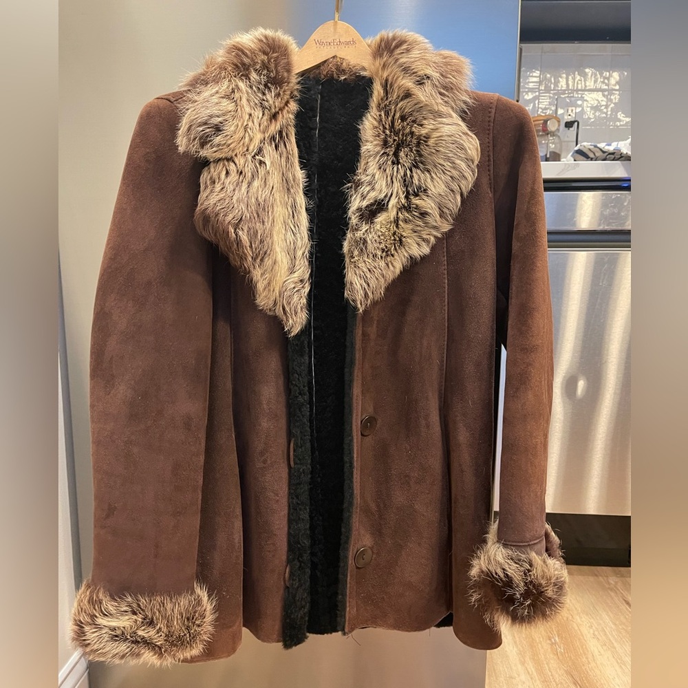 Chocolate Brown Sheepskin jacket with Sheepskin fur trim Women's Coat